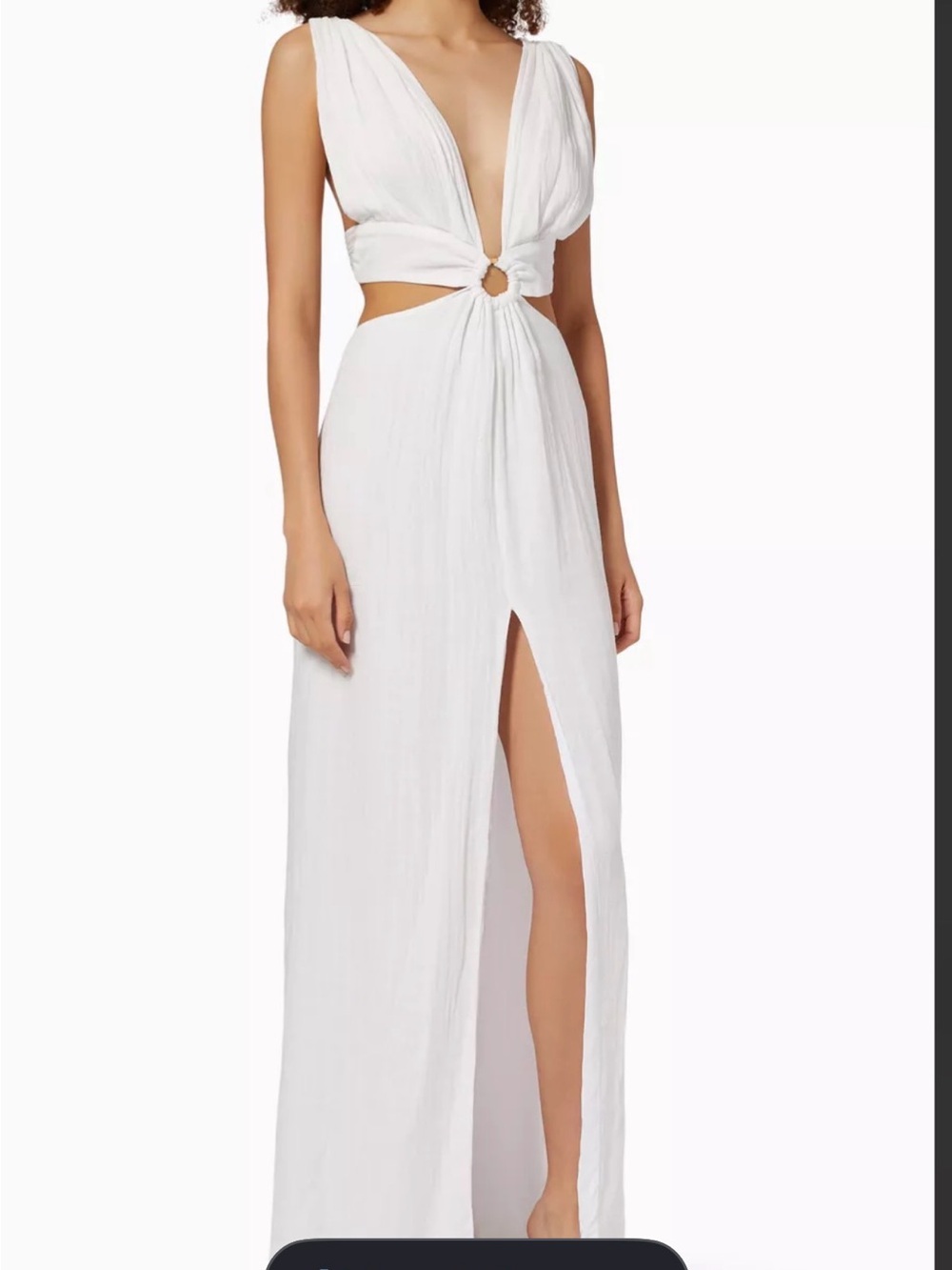 Plunging White Ring-Front Maxi Dress with High Slit